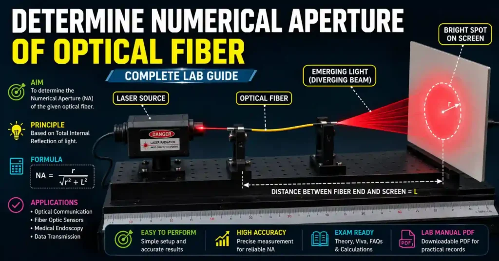 Determine Numerical Aperture of Optical Fiber experimental setup with laser source, optical fiber, screen, and NA formula.