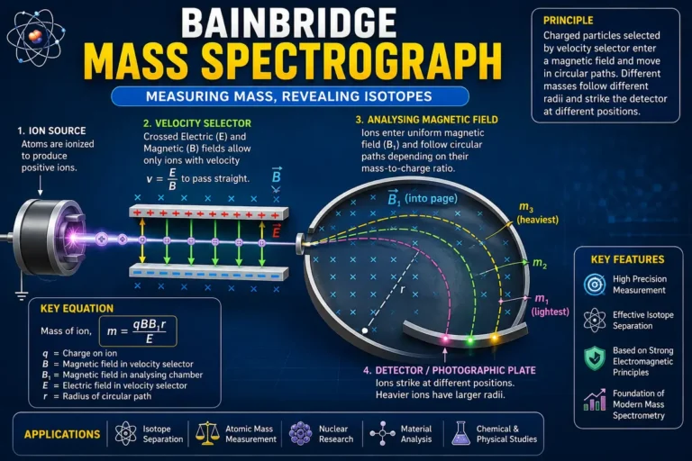 Bainbridge Mass Spectrograph diagram showing velocity selector magnetic field ion source and detector